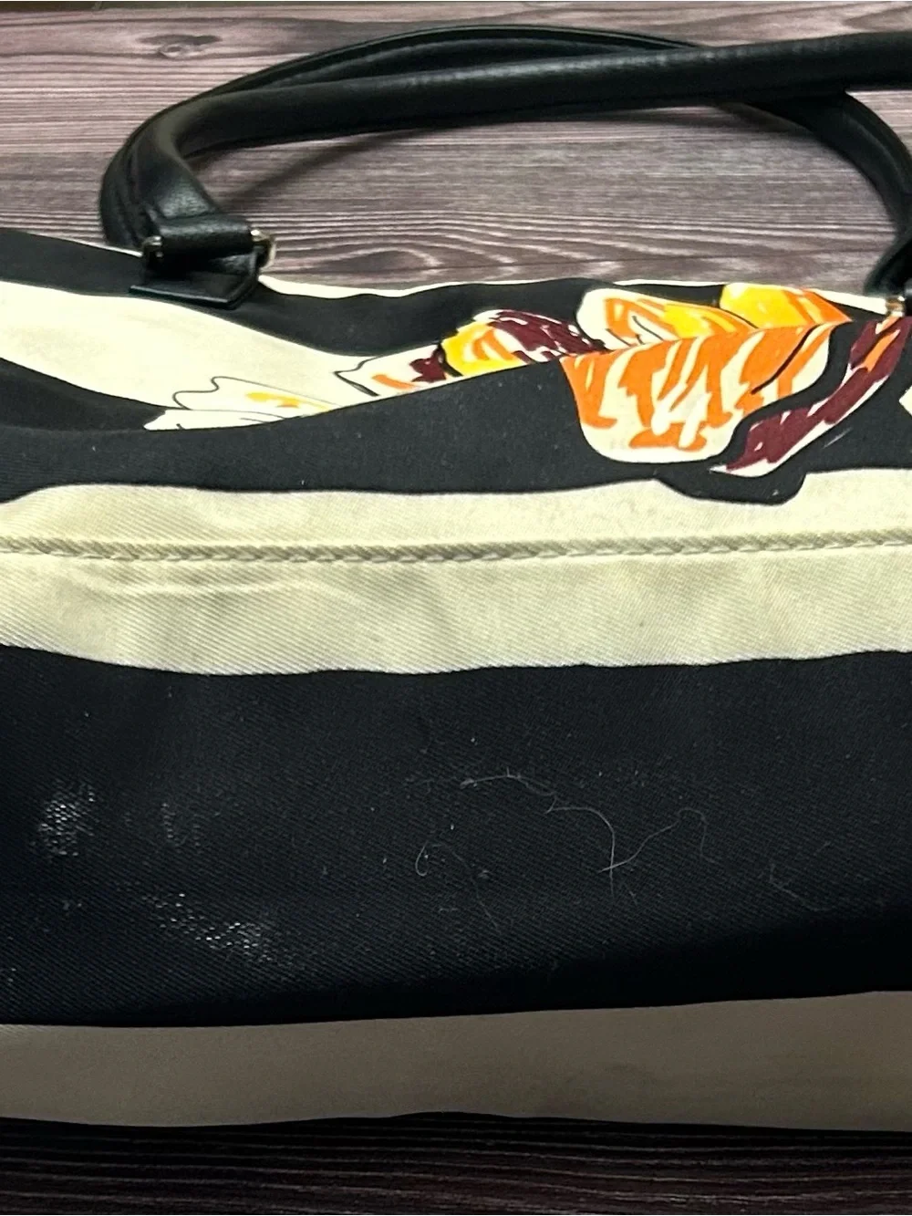 Source Unknown Black and Cream Striped Tote with Orange Floral Accent